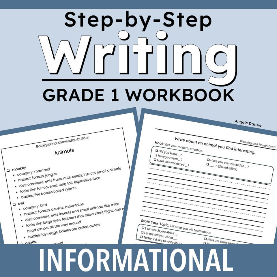 Promotional graphic for a Grade 1 Writing Workbook, showing the title 'Step-by-Step Writing Grade 1 Workbook' on a light blue background, with two sample worksheet pages displayed in front and a dark blue banner reading 'INFORMATIONAL' at the bottom.
