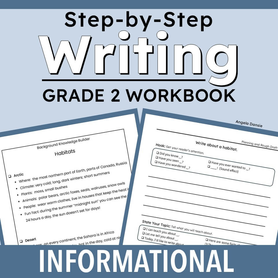 Promotional graphic for a Grade 2 Writing workbook titled 'Step-by-Step Writing Grade 2 Workbook' with sample worksheet pages shown on a light blue background and a dark blue banner reading 'Informational'.
