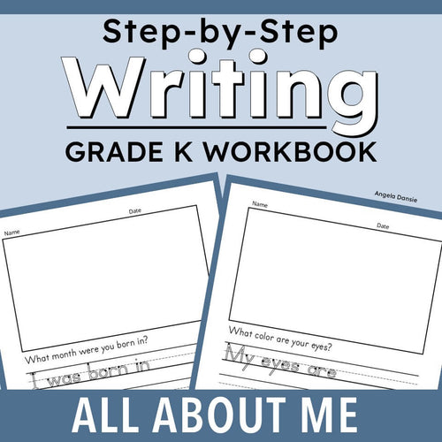 Cover of a 'Step-by-Step Writing Grade K Workbook' titled 'All About Me' on a light blue background, showing sample worksheet pages with writing activities.