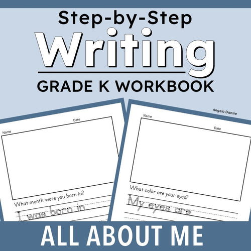 Promotional graphic for a 'Step-by-Step Writing Grade K Workbook' featuring sample worksheet pages on a light blue background with a dark blue banner reading 'ALL ABOUT ME'.