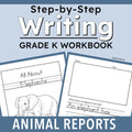 Cover of a Grade K writing workbook titled 'Step-by-Step Writing' with sample worksheet pages showing elephant-themed writing activities on a blue background.