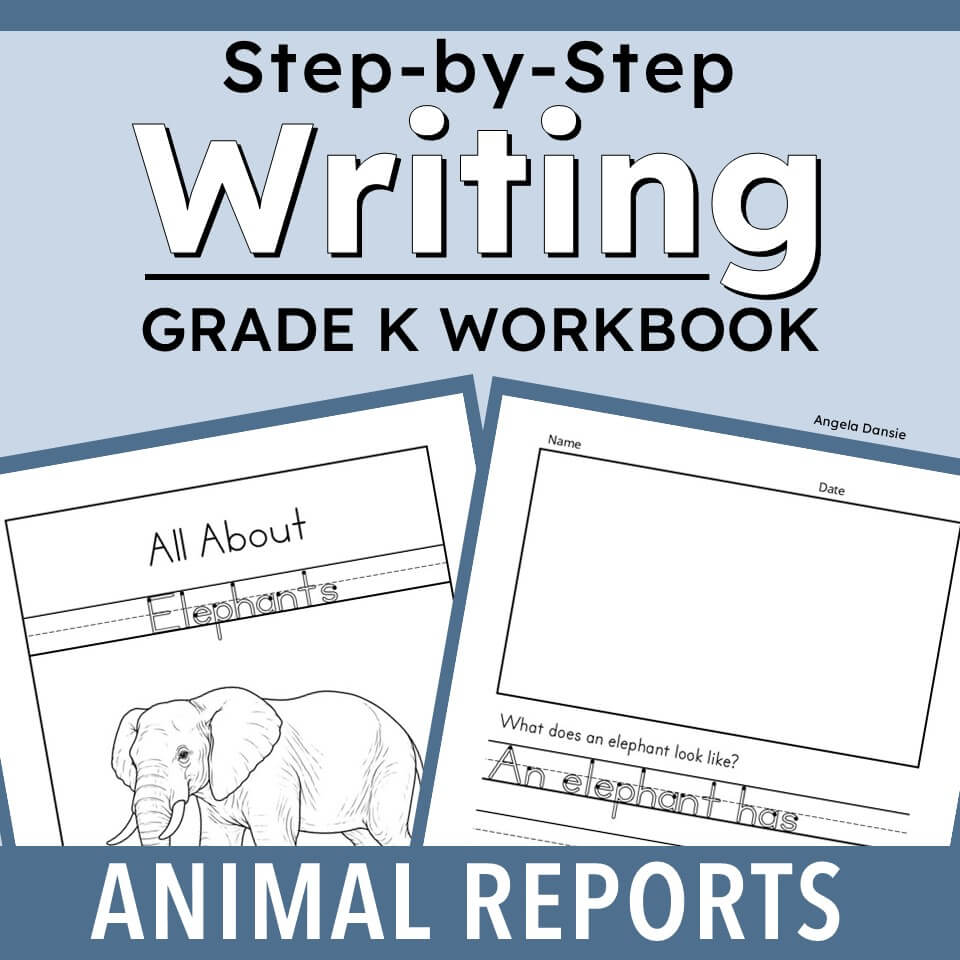 Cover of a Grade K writing workbook titled 'Step-by-Step Writing' with sample worksheet pages showing elephant-themed writing activities on a blue background.