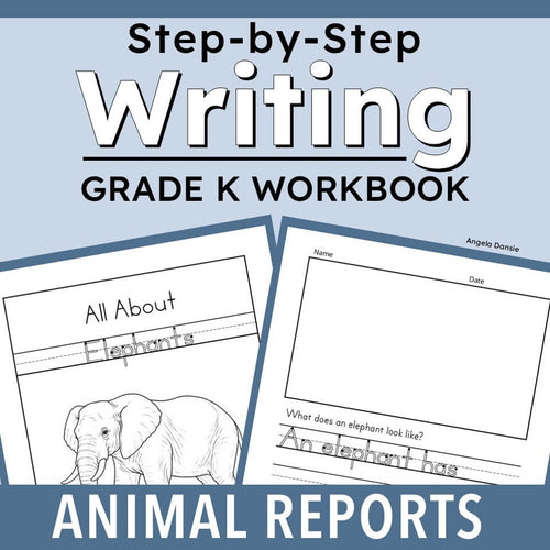 Cover of a Grade K writing workbook titled 'Step-by-Step Writing' with sample worksheet pages showing elephant-themed writing activities on a blue background.