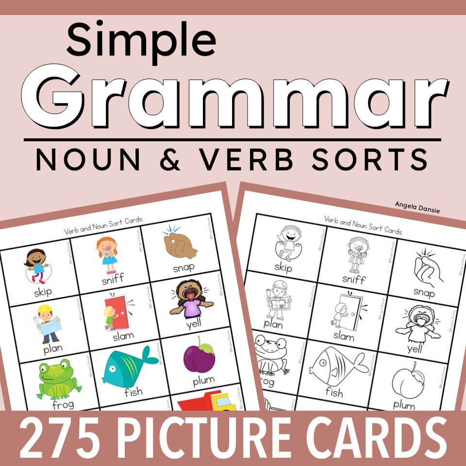 Promotional graphic for a printable educational resource titled 'Simple Grammar Noun & Verb Sorts,' showing two sample worksheet cards with cartoon illustrations and text reading '275 Picture Cards' on a dusty pink background.