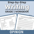 Cover and preview of a Grade 1 Writing workbook titled 'Step-by-Step Writing Grade 1 Workbook' with sample worksheet pages shown on a blue background.