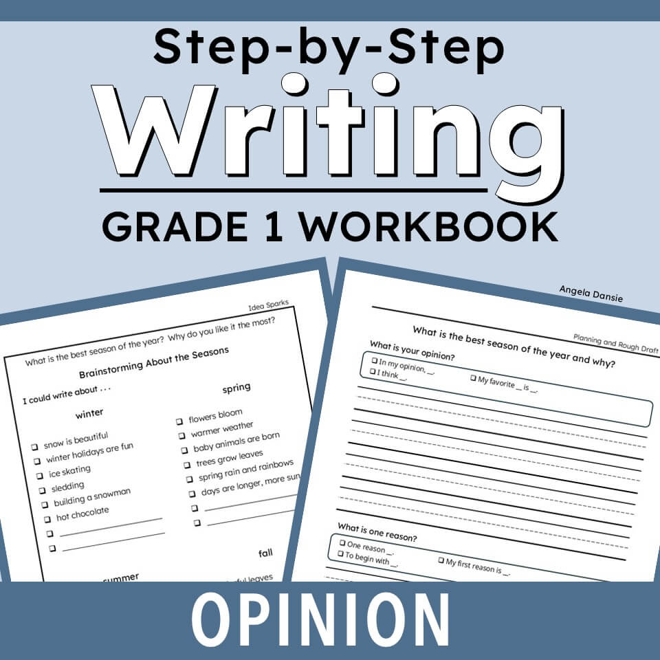 Cover and preview of a Grade 1 Writing workbook titled 'Step-by-Step Writing Grade 1 Workbook' with sample worksheet pages shown on a blue background.