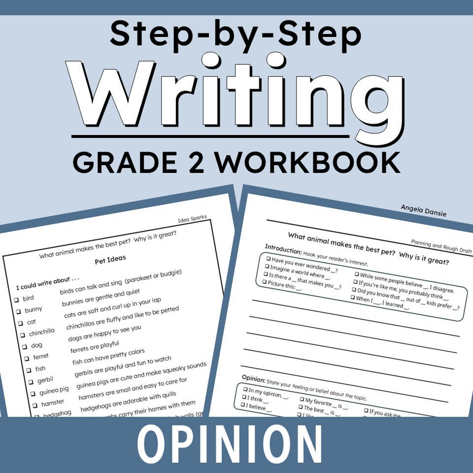 A book cover for a Grade 2 writing workbook titled 'Step-by-Step Writing Grade 2 Workbook' with sample pages shown in front, on a light blue background and a dark blue banner at the bottom reading 'OPINION'.