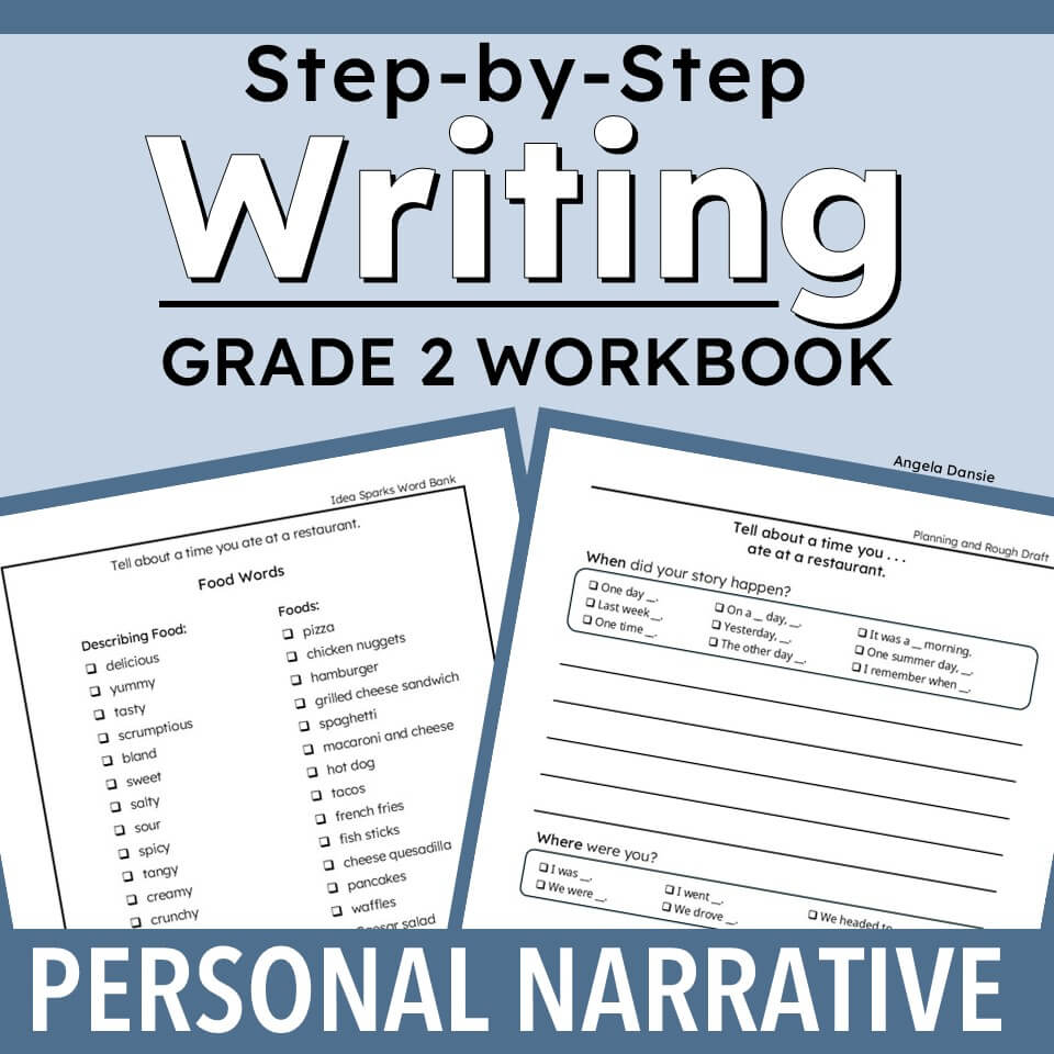 A digital cover for a 'Step-by-Step Writing Grade 2 Workbook' titled 'Personal Narrative' on a light blue-gray background. Two sample worksheet pages are shown in the foreground, and the text 'Personal Narrative' appears in a white banner at the bottom.