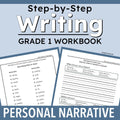 Promotional graphic for a Grade 1 Writing Workbook titled 'Personal Narrative' with two sample worksheet pages shown on a light blue background.