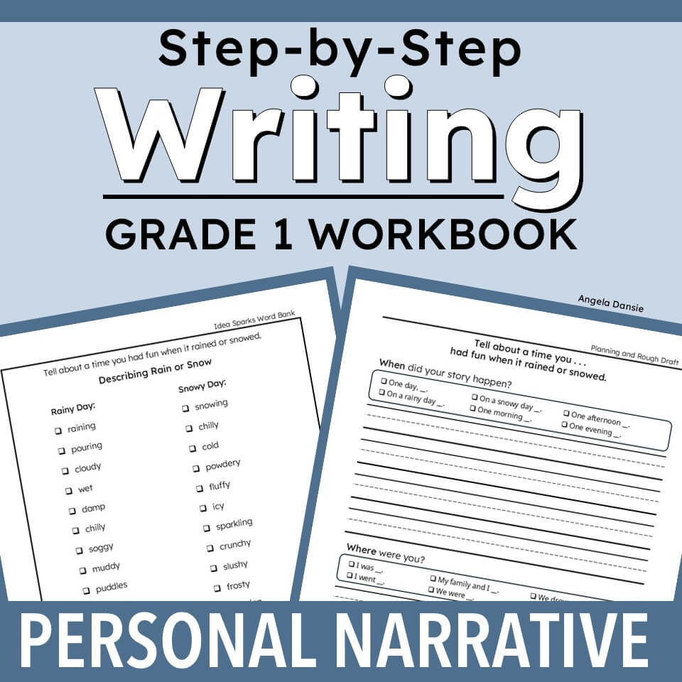 Promotional graphic for a Grade 1 Writing Workbook titled 'Personal Narrative' with two sample worksheet pages shown on a light blue background.
