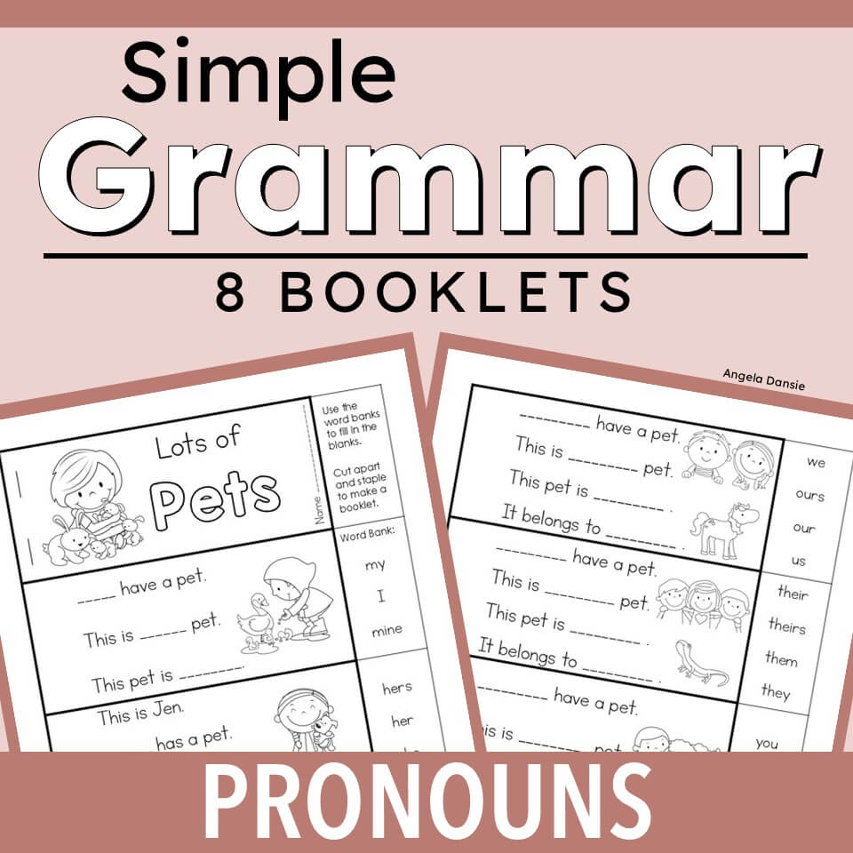 Promotional graphic for a grammar workbook set titled 'Simple Grammar 8 Booklets' focusing on pronouns. The design features a dusty pink background with white and black text, showing two sample worksheet pages with black-and-white illustrations of children and pets.