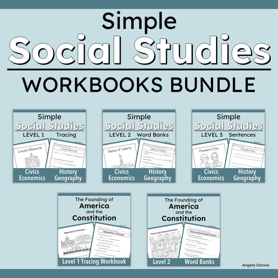 Promotional graphic for a 'Simple Social Studies Workbooks Bundle' by Angela Dansie, featuring five workbook covers on a light blue background: tracing, word banks, sentences, and history/constitution worksheets.