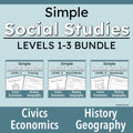 Digital cover graphic for a 'Simple Social Studies Levels 1-3 Bundle' by Angela Danieis, featuring three sample pages for tracing, word banks, and sentences across Civics Economics and History Geography subjects.