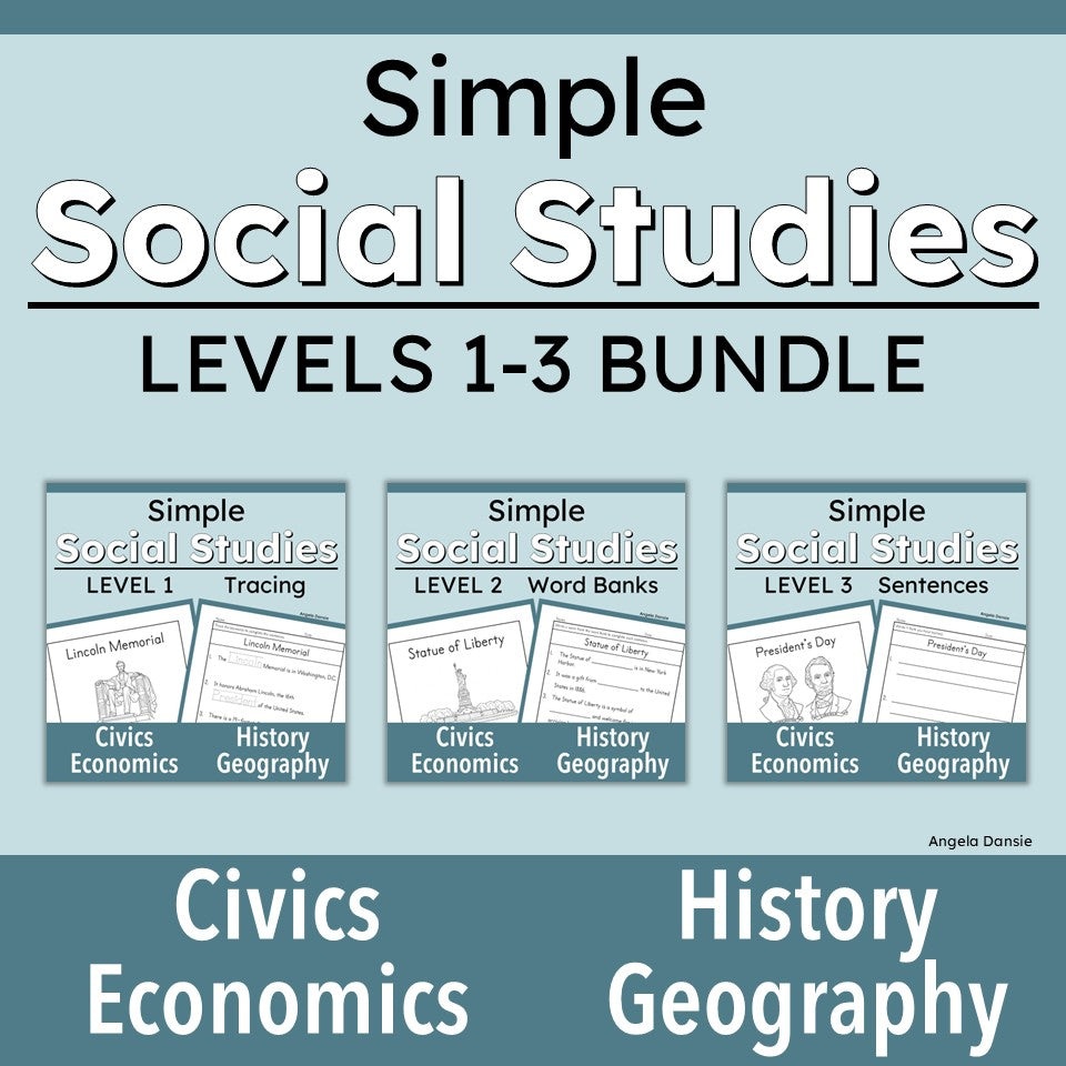 Digital cover graphic for a 'Simple Social Studies Levels 1-3 Bundle' by Angela Danieis, featuring three sample pages for tracing, word banks, and sentences across Civics Economics and History Geography subjects.