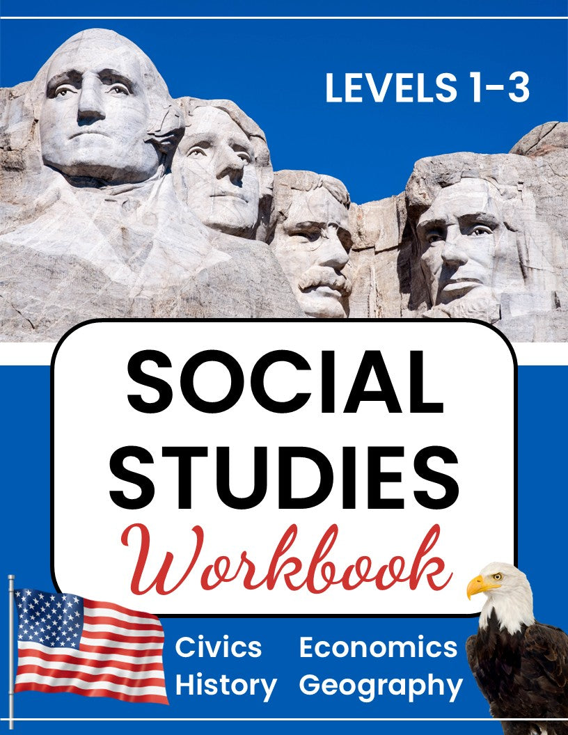 Front cover of a workbook titled "Social Studies Workbook" with large black and red text on a blue background, featuring a Mount Rushmore photo at the top, an American flag at lower left, and an eagle at lower right.