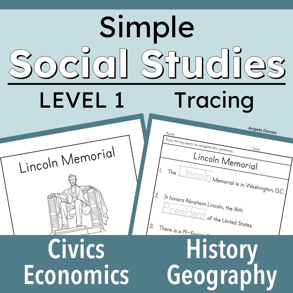 cover graphic for a 'Simple Social Studies Level 1 Tracing' educational resource, featuring two sample worksheet pages about the Lincoln Memorial, categorized under Civics, Economics, History, and Geography.