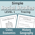 cover graphic for a 'Simple Social Studies Level 1 Tracing' educational resource, featuring two sample worksheet pages about the Lincoln Memorial, categorized under Civics, Economics, History, and Geography.