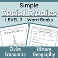 cover graphic for a 'Simple Social Studies Level 2 Word Bank' educational resource. "civics, history, economics, geography" with sample pages about the statue of liberty.