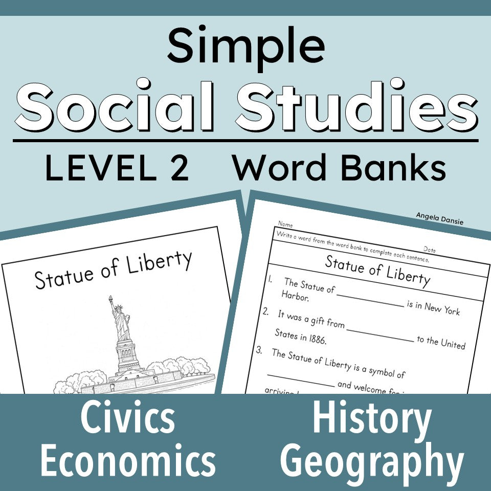 cover graphic for a 'Simple Social Studies Level 2 Word Bank' educational resource. "civics, history, economics, geography" with sample pages about the statue of liberty.