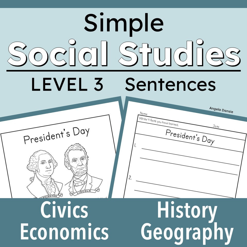 A digital cover graphic for a printable educational resource titled 'Simple Social Studies Level 3 Sentences'. The design features a light blue-gray background with dark teal accents and white text.