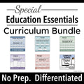 Promotional graphic for a 'Special Education Essentials Curriculum Bundle' featuring six educational resource bundles (Writing, Social Studies, Science, Reading, Grammar, and Digital Tasks) displayed on a white background with a black banner at the bottom reading 'No Prep. Differentiated.