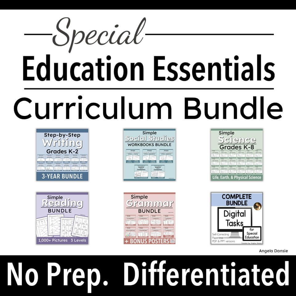 Promotional graphic for a 'Special Education Essentials Curriculum Bundle' featuring six educational resource bundles (Writing, Social Studies, Science, Reading, Grammar, and Digital Tasks) displayed on a white background with a black banner at the bottom reading 'No Prep. Differentiated.