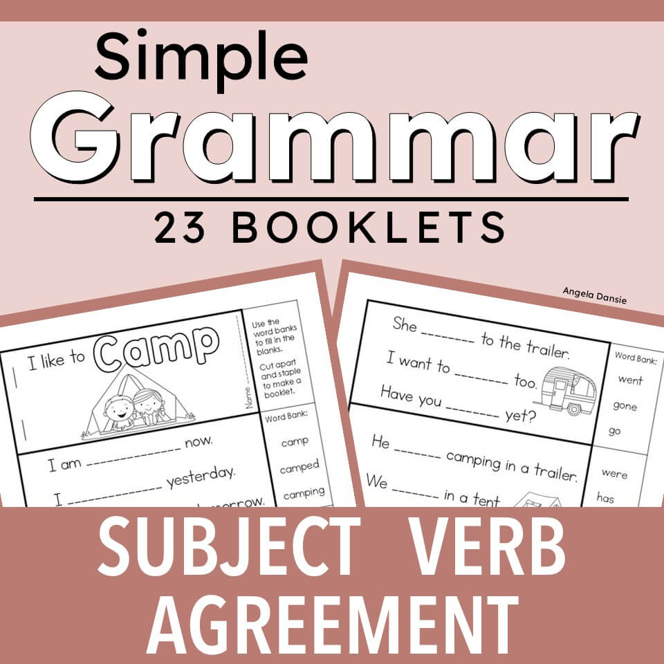 Promotional graphic for a grammar booklet set titled 'Simple Grammar 23 Booklets' with the subtitle 'Subject Verb Agreement.' The design uses a dusty pink background and shows two sample worksheet pages with black text and line drawings.