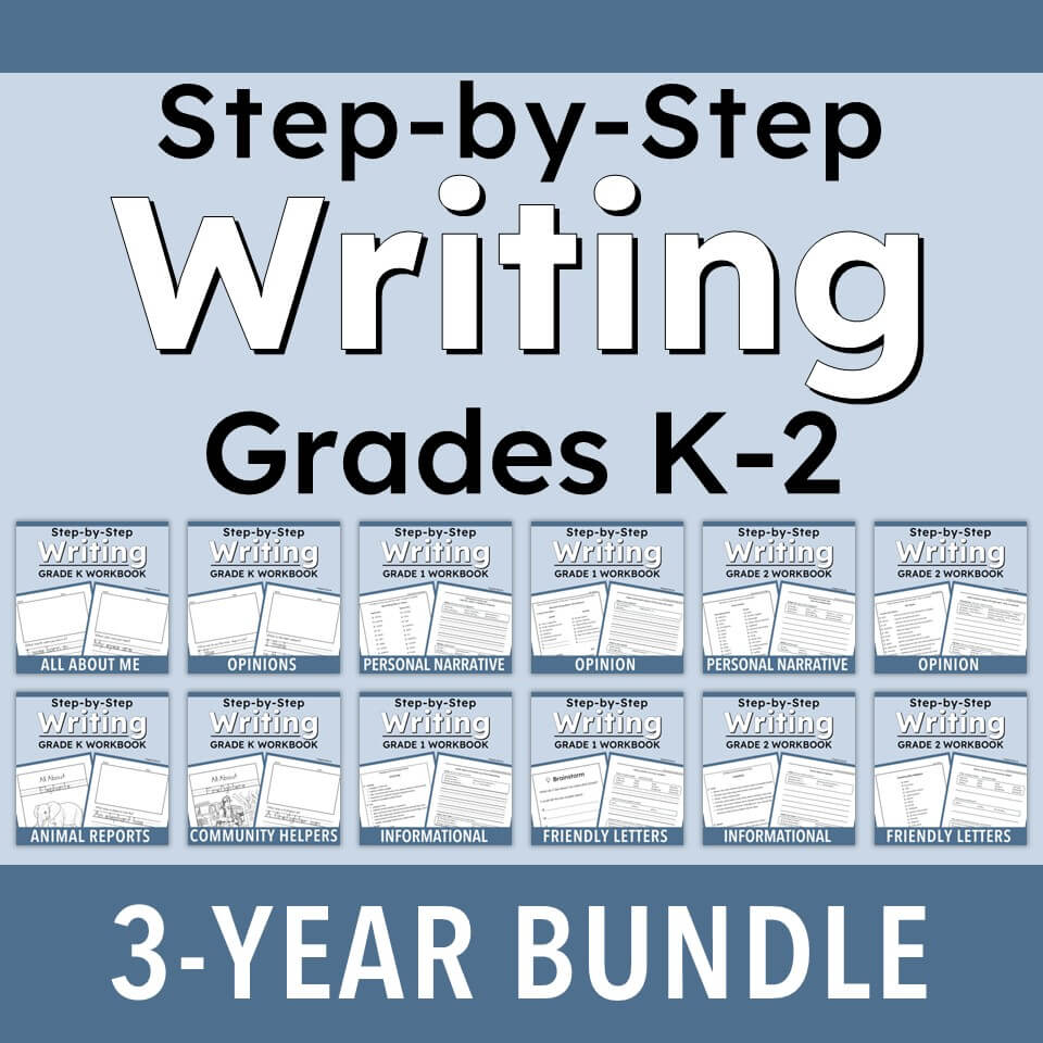 Promotional graphic for a 'Step-by-Step Writing Grades K-2' 3-year bundle, showing a grid of sample worksheet covers on a light blue background with a darker blue footer.